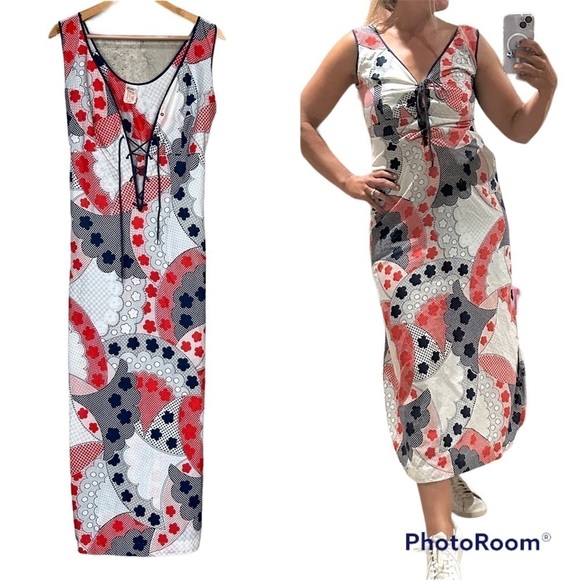 Vintage 70s navy blue red white abstract mod sleeveless midi dress medium - Picture 1 of 11